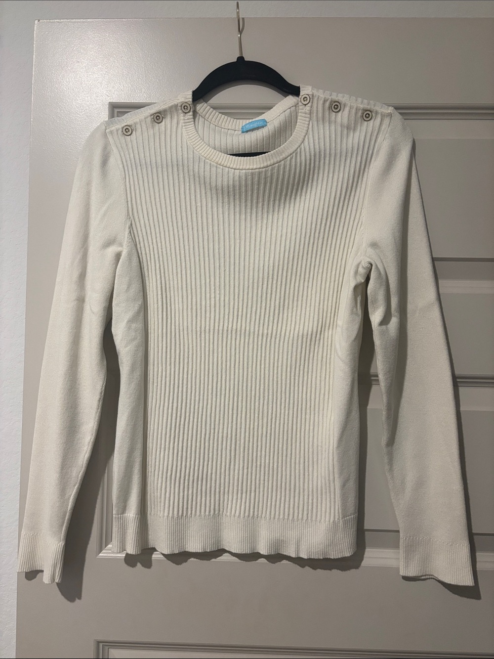 J. McLaughlin Cream Ribbed Crewneck Sweater with Shoulder Buttons — Slim Fit